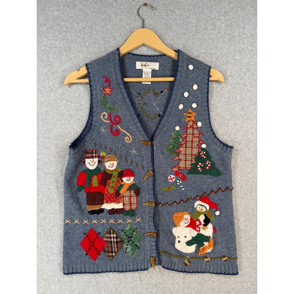 Kikit Large Sweater Vest Christmas Holiday Ramie Wool Toggle Snowman